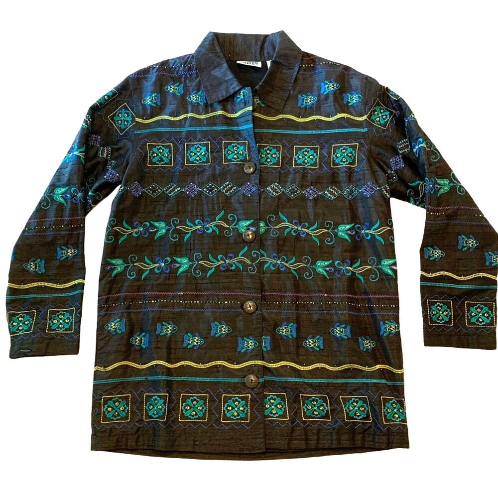 Chico’s silk jacket with embroidered and beaded fish size 0